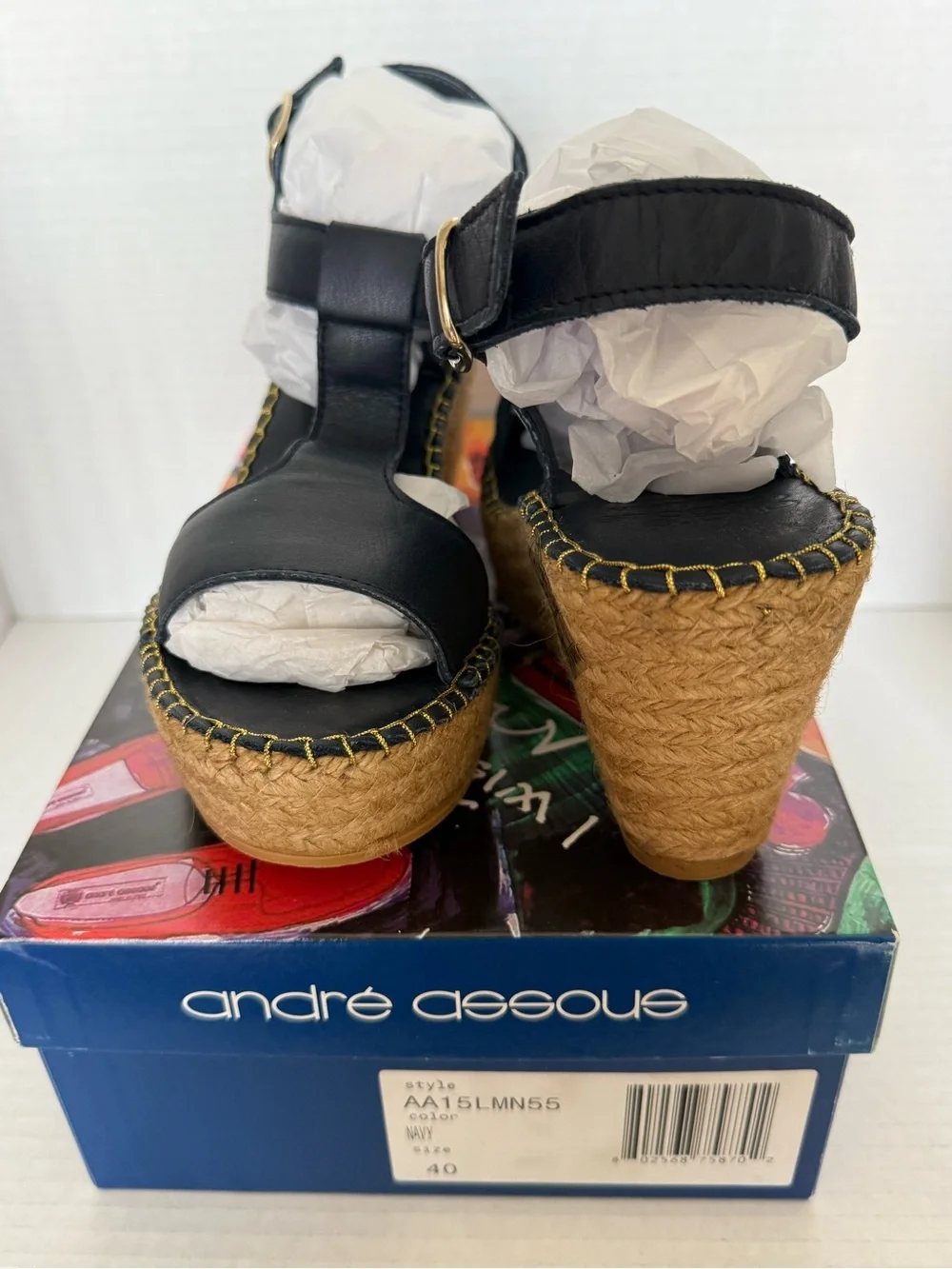 Andre Assous Black Leather Espadrille Wedge Sandals